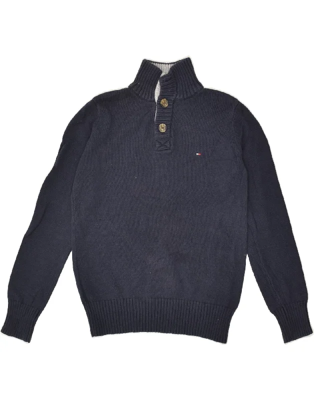 men's warm cardigans -TOMMY HILFIGER Boys Button Neck Jumper Sweater 8-9 Years Small Navy Blue