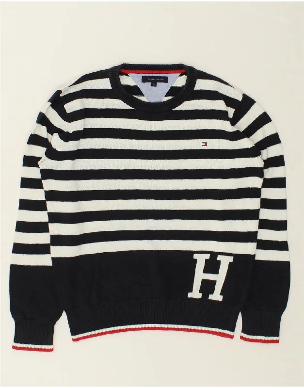 men's outdoor wool sweaters -TOMMY HILFIGER Boys Crew Neck Jumper Sweater 9-10 Years Navy Blue Striped