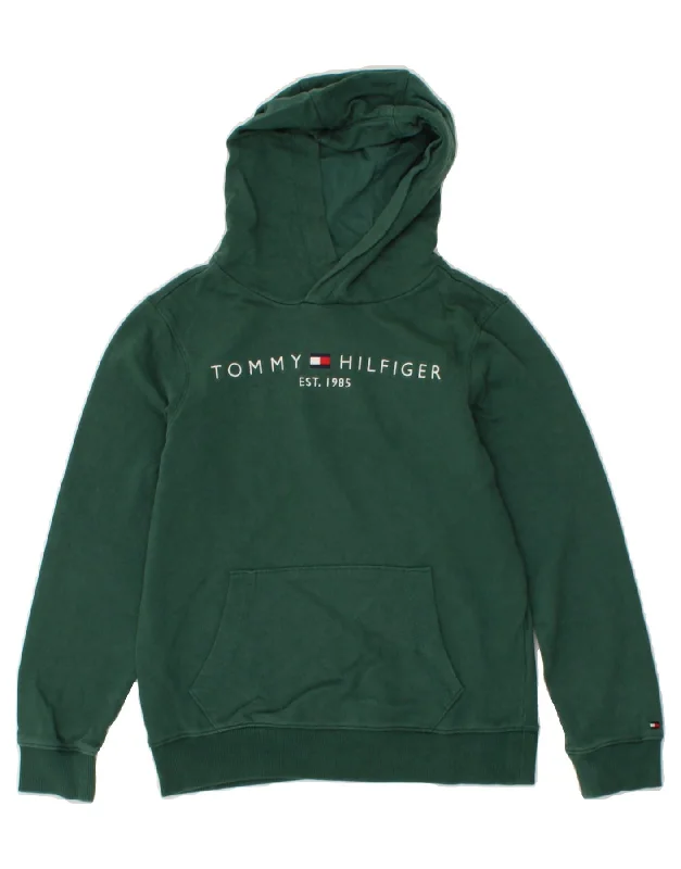 men's trendy oversized hoodies -TOMMY HILFIGER Boys Graphic Hoodie Jumper 11-12 Years Green Cotton