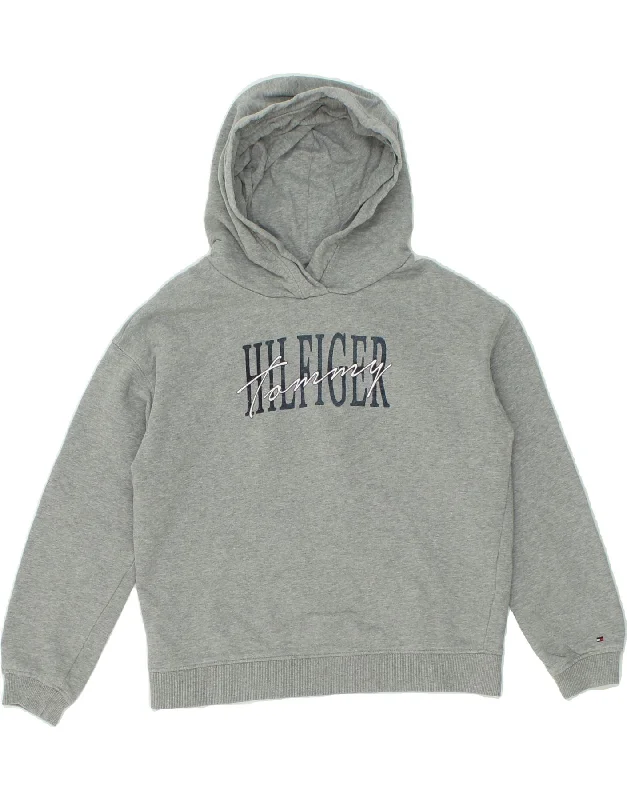 men's hoodie for cold weather -TOMMY HILFIGER Boys Graphic Hoodie Jumper 11-12 Years Grey Cotton