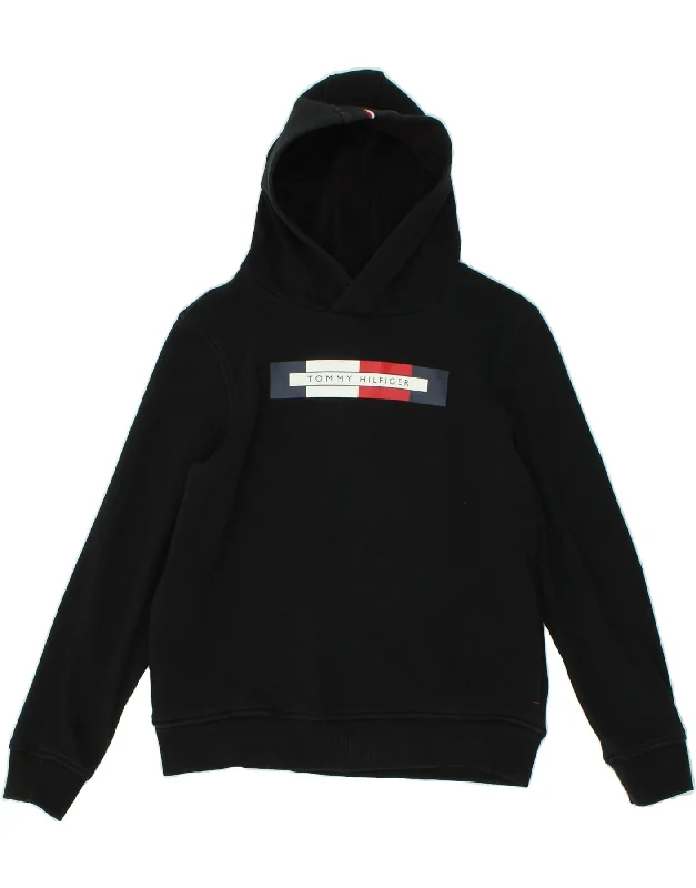 men's trendy oversized hoodies -TOMMY HILFIGER Boys Graphic Hoodie Jumper 13-14 Years Black Cotton