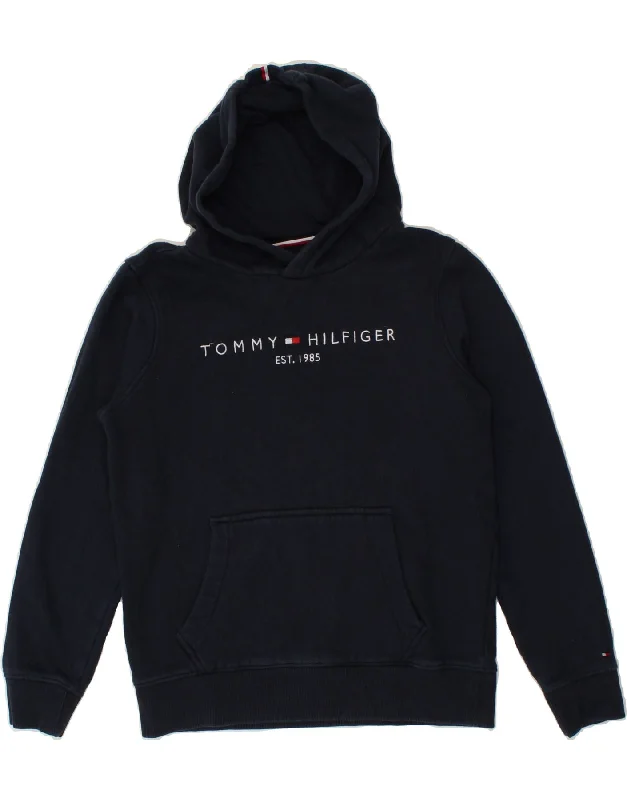 men's hoodie for outdoor wear -TOMMY HILFIGER Boys Graphic Hoodie Jumper 13-14 Years Navy Blue Cotton