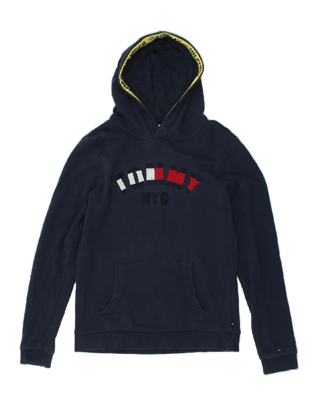 men's heavy-duty hoodies -TOMMY HILFIGER Boys Graphic Hoodie Jumper 15-16 Years Navy Blue Cotton