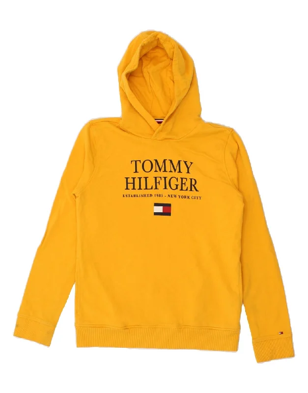 men's hoodie with unique design -TOMMY HILFIGER Boys Graphic Hoodie Jumper 15-16 Years Yellow Cotton