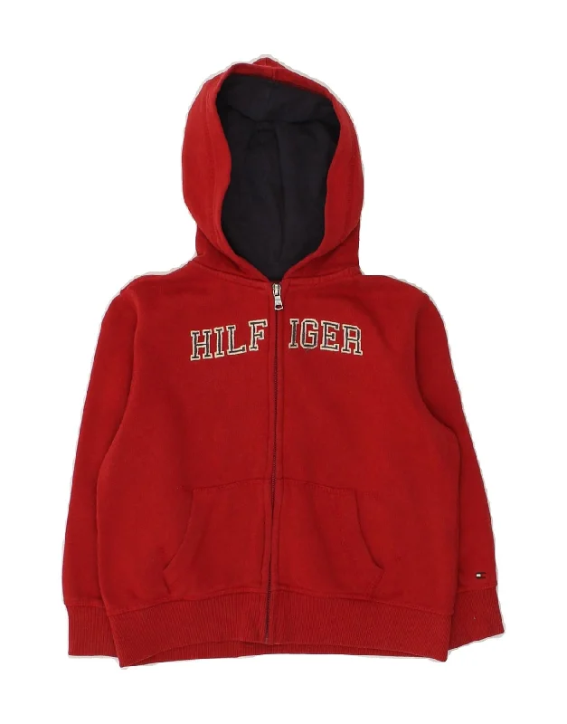 men's ribbed cardigans -TOMMY HILFIGER Boys Graphic Zip Hoodie Sweater 3-4 Years Red Cotton