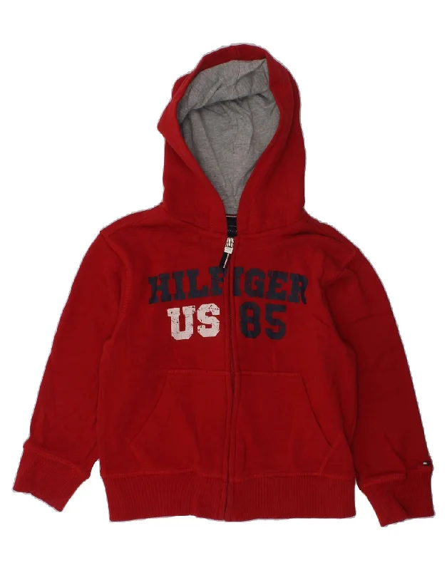 men's modern cardigan sweaters -TOMMY HILFIGER Boys Graphic Zip Hoodie Sweater 4-5 Years Red Cotton