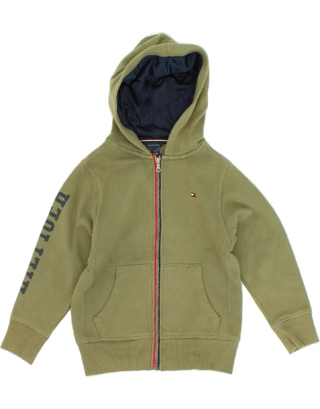 men's casual sweaters -TOMMY HILFIGER Boys Graphic Zip Hoodie Sweater 5-6 Years Khaki Cotton