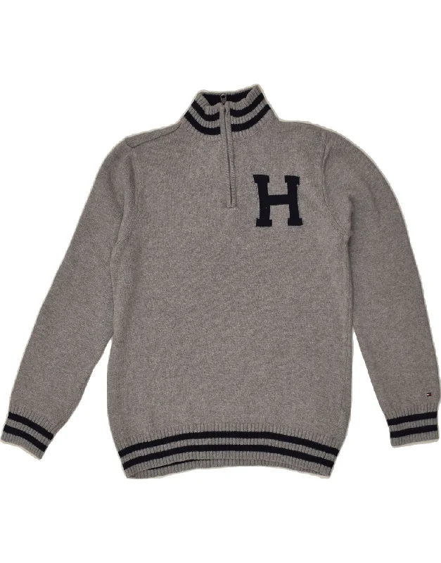 men's striped sweaters -TOMMY HILFIGER Boys Graphic Zip Neck Jumper Sweater 15-16 Years Large Grey