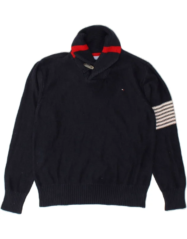 men's breathable sweaters -TOMMY HILFIGER Boys Shawl Neck Jumper Sweater 8-9 Years Small Navy Blue