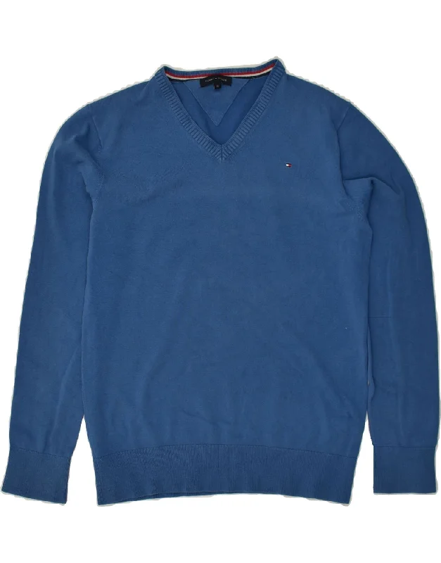 men's chunky sweaters -TOMMY HILFIGER Boys V-Neck Jumper Sweater 15-16 Years Blue Cotton