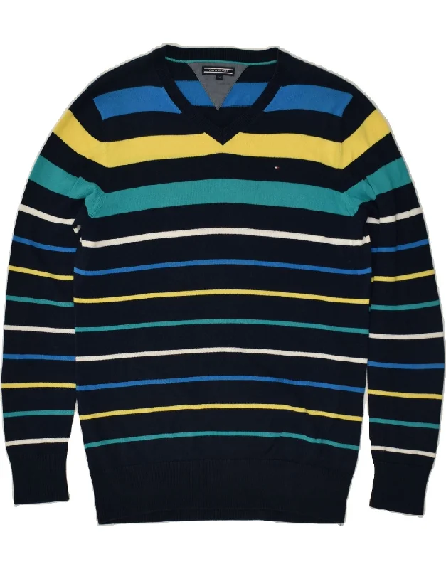 men's breathable cotton sweaters -TOMMY HILFIGER Boys V-Neck Jumper Sweater 15-16 Years Navy Blue Striped