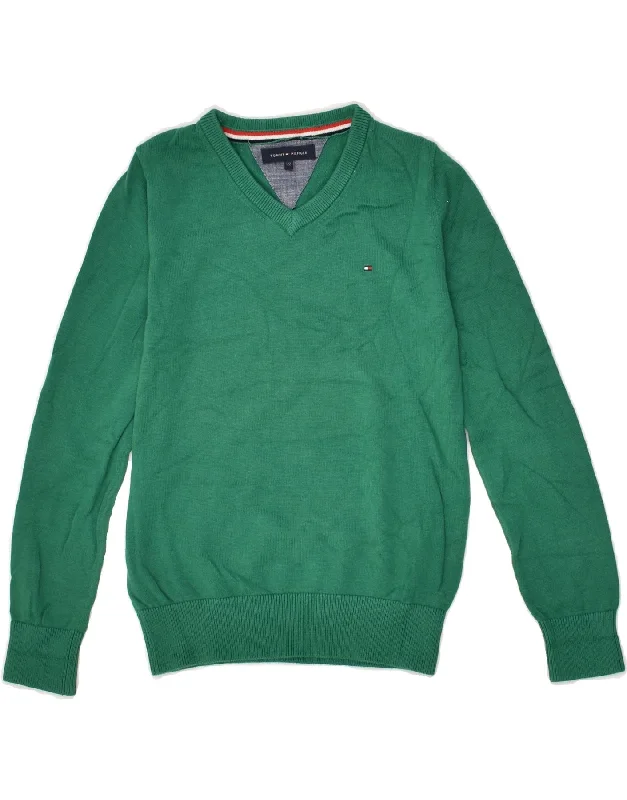 men's wool-blend sweaters -TOMMY HILFIGER Boys V-Neck Jumper Sweater 6-7 Years Green Cotton