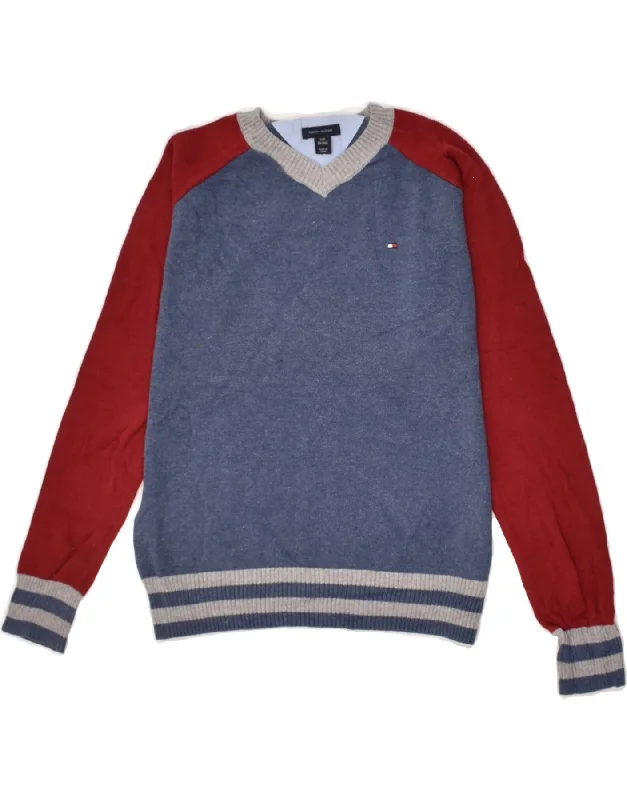 men's oversized sweaters -TOMMY HILFIGER Boys V-Neck Jumper Sweater 8-9 Years Small Blue Colourblock