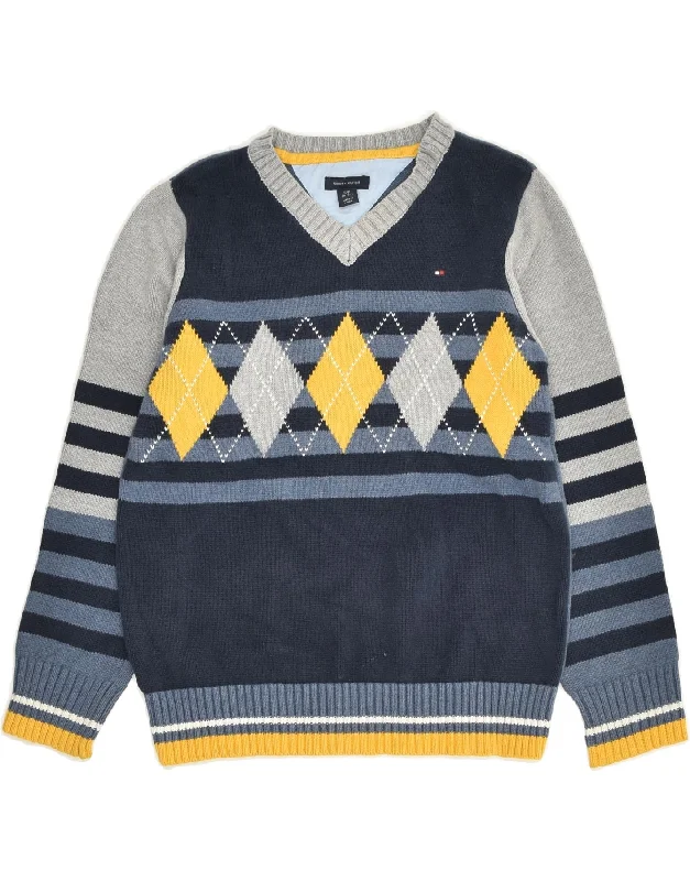 men's stylish winter sweaters -TOMMY HILFIGER Boys V-Neck Jumper Sweater 8-9 Years Small Navy Blue