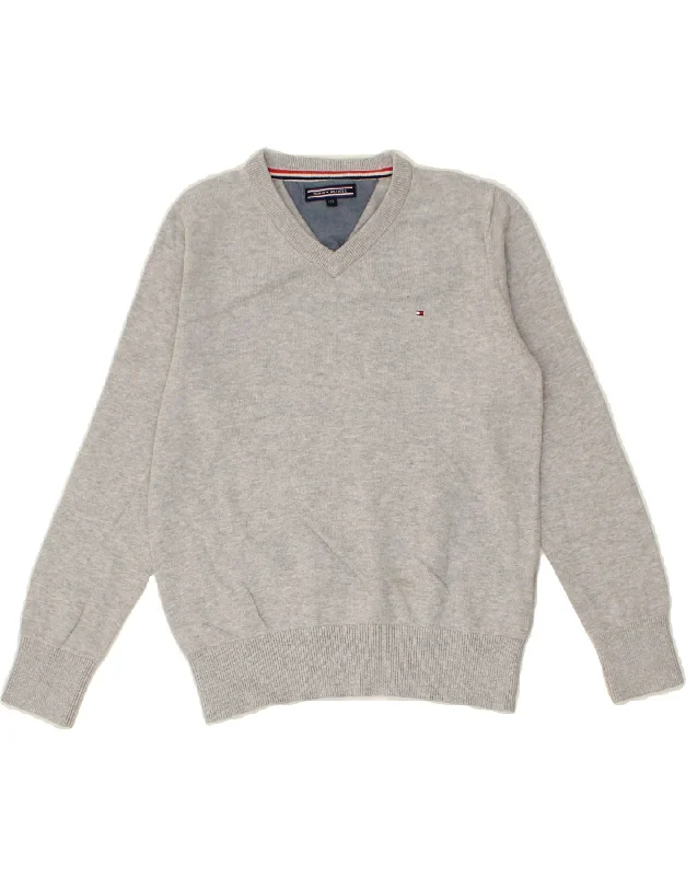 men's cotton sweaters -TOMMY HILFIGER Boys V-Neck Jumper Sweater 9-10 Years Grey Cotton