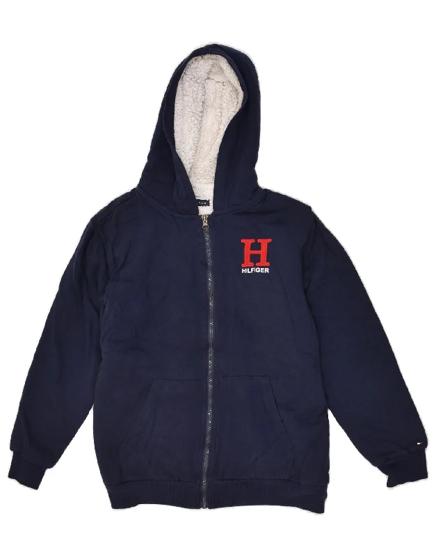 men's cardigan sweaters -TOMMY HILFIGER Boys Zip Hoodie Sweater 15-16 Years Large Navy Blue Cotton