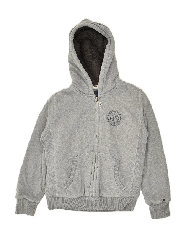 men's versatile knit sweaters -TOMMY HILFIGER Boys Zip Hoodie Sweater 7-8 Years Grey Cotton