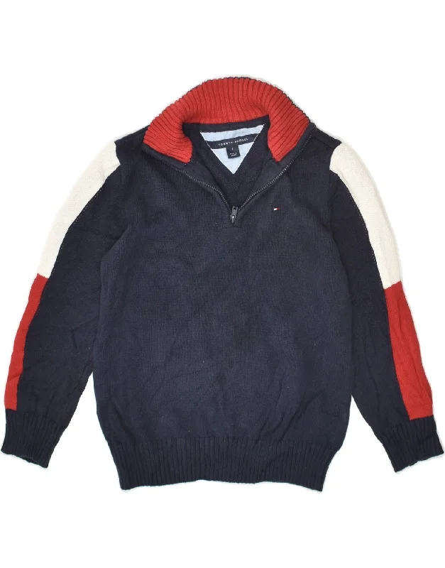 men's warm knit sweaters -TOMMY HILFIGER Boys Zip Neck Jumper Sweater 6-7 Years Navy Blue