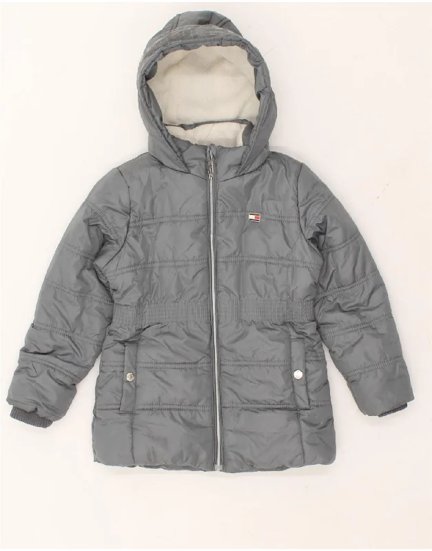 men's tailored jackets -TOMMY HILFIGER Girls Graphic Hooded Padded Jacket 5-6 Years Grey Polyester