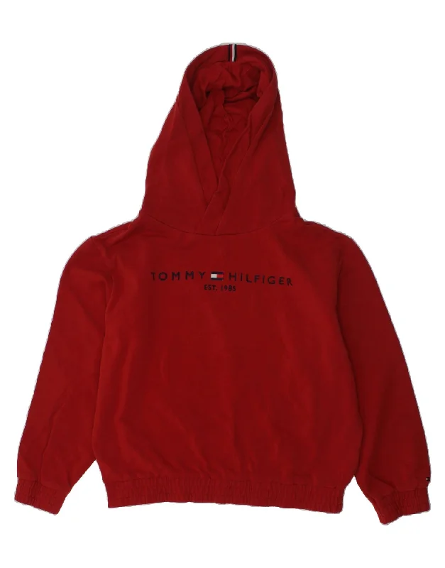 men's hoodie for exercise -TOMMY HILFIGER Girls Graphic Hoodie Jumper 11-12 Years Red Cotton