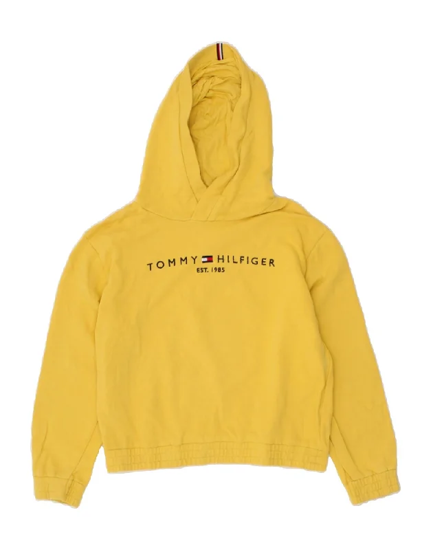 men's hoodie for running -TOMMY HILFIGER Girls Graphic Hoodie Jumper 11-12 Years Yellow Cotton