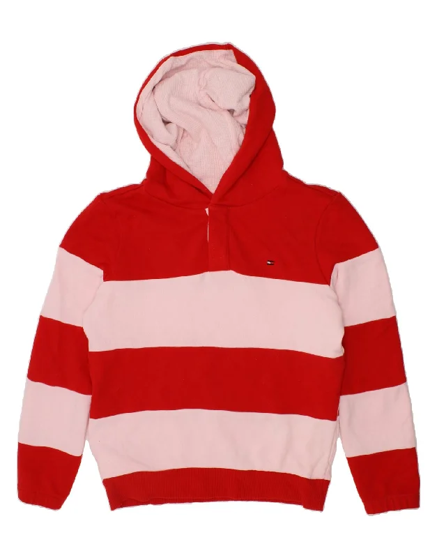 men's zip-up hoodie for hiking -TOMMY HILFIGER Girls Graphic Hoodie Jumper 9-10 Years Red Striped Cotton