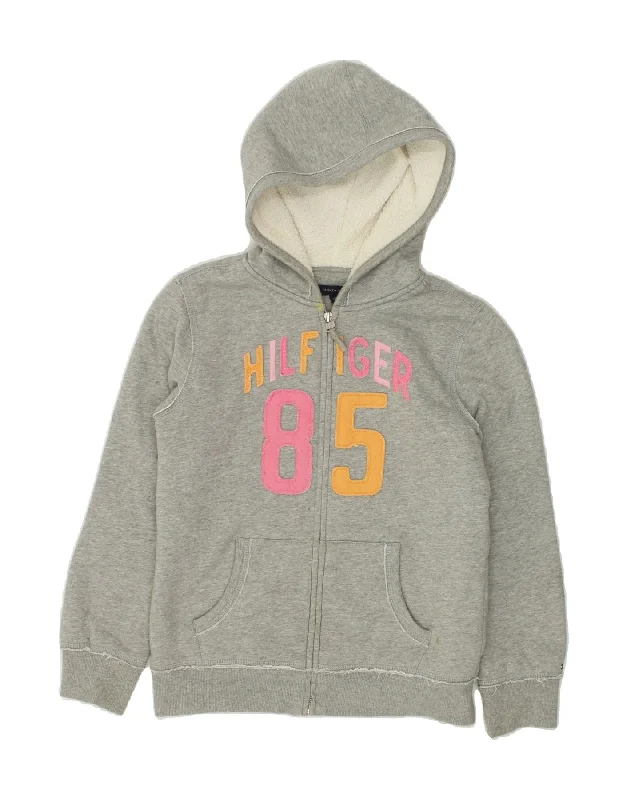 men's slim-fit sweaters -TOMMY HILFIGER Girls Graphic Zip Hoodie Sweater 12-13 Years Large Grey