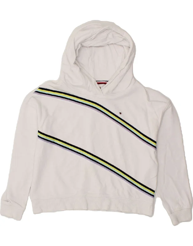 men's fleece-lined hoodies -TOMMY HILFIGER Girls Hoodie Jumper 13-14 Years White Striped Cotton