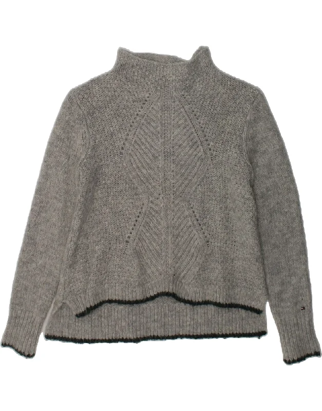 men's thick cardigans -TOMMY HILFIGER Girls Turtle Neck Jumper Sweater 7-8 Years Grey Polyamide