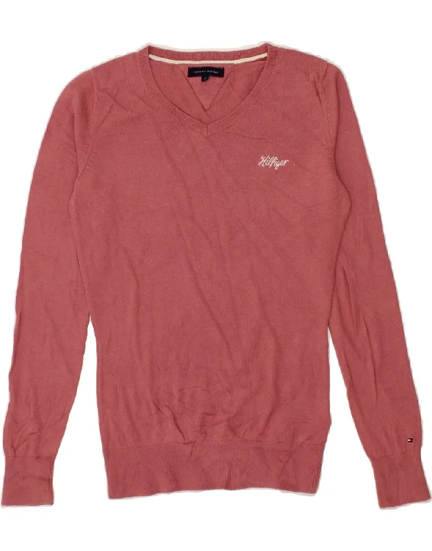 men's breathable sweaters -TOMMY HILFIGER Girls V-Neck Jumper Sweater 13-14 Years Pink Cotton