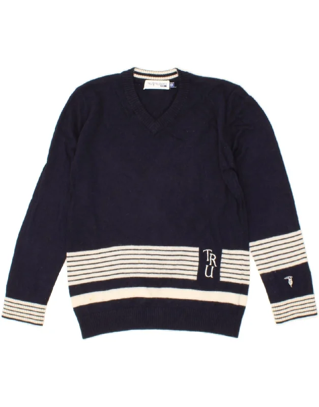 men's soft knit sweaters -TRUSSARDI JUNIOR Boys Graphic V-Neck Jumper Sweater 7-8 Years Navy Blue