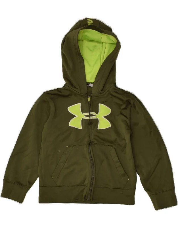 men's sweater for office -UNDER ARMOUR Boys Graphic Zip Hoodie Sweater 6-7 Years Khaki Polyester