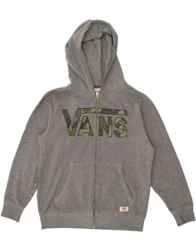 men's stylish cardigans -VANS Boys Graphic Zip Hoodie Sweater 10-11 Years Medium Grey Cotton