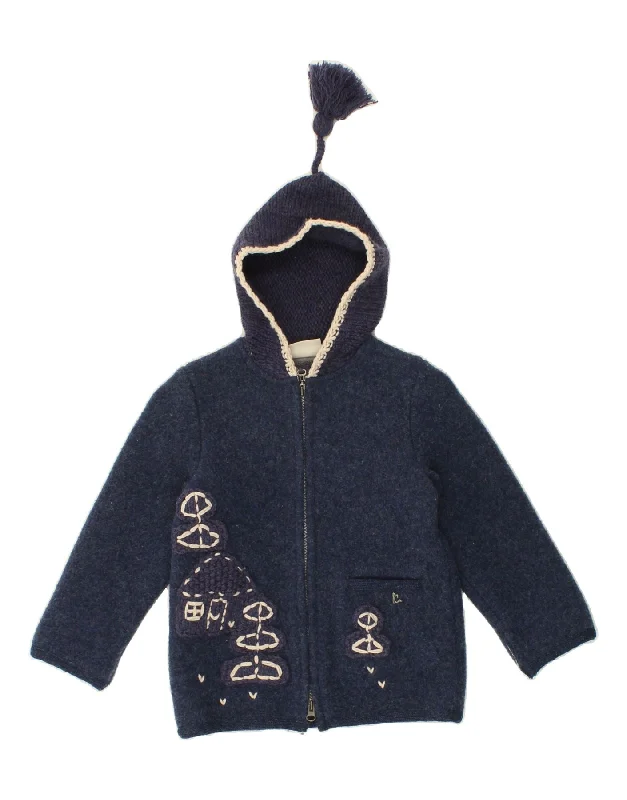 men's bomber jacket with patches -VINTAGE Girls Graphic Hooded Bomber Jacket 6-7 Years Navy Blue Wool