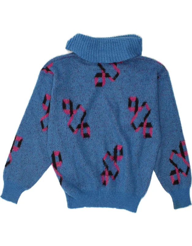 men's cardigan knitwear -VINTAGE Girls Roll Neck Jumper Sweater 15-16 Years Blue Geometric