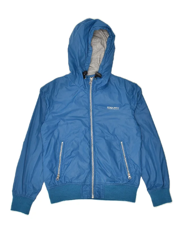 men's casual jackets -WOOLRICH Boys Hooded Bomber Jacket 7-8 Years Blue Nylon