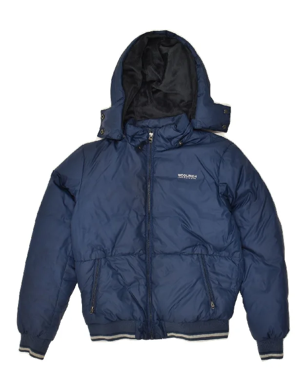 men's warm parkas for winter -WOOLRICH Boys Hooded Padded Jacket 11-12 Years Navy Blue Nylon