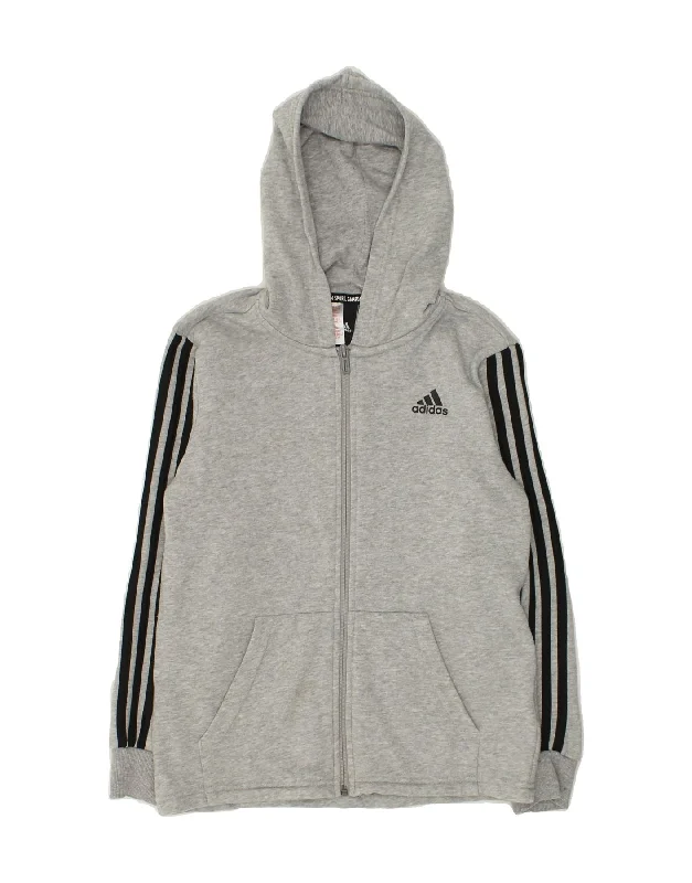 men's fleece sweaters -ADIDAS Boys Graphic Zip Hoodie Sweater 11-12 Years Grey Cotton