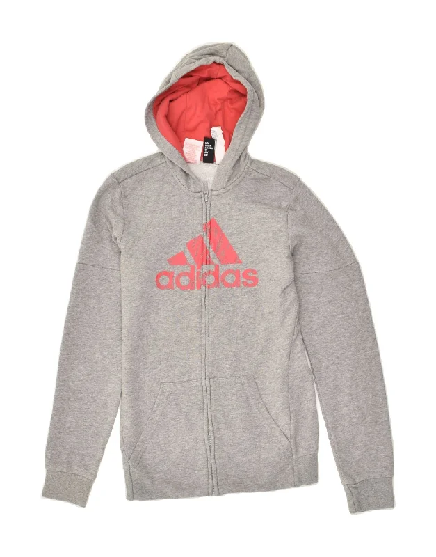 men's versatile knit sweaters -ADIDAS Boys Graphic Zip Hoodie Sweater 13-14 Years Grey Cotton