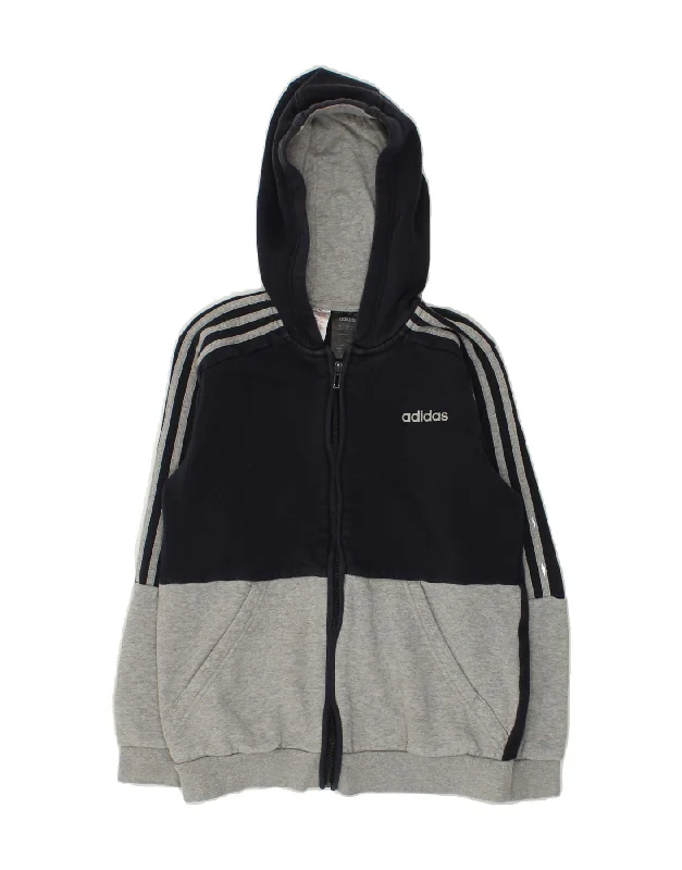 men's outdoor sweaters -ADIDAS Boys Zip Hoodie Sweater 11-12 Years Navy Blue Colourblock Cotton