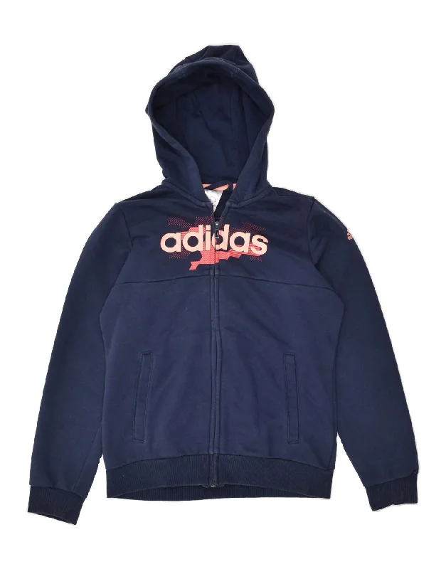 men's performance knit sweaters -ADIDAS Girls Graphic Zip Hoodie Sweater 11-12 Years Navy Blue Cotton