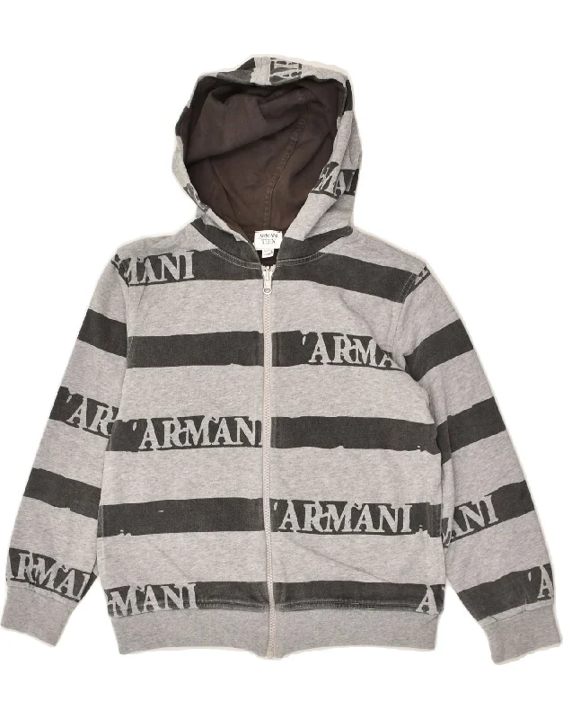 men's cozy wool sweaters -ARMANI TEEN Boys Graphic Zip Hoodie Sweater 9-10 Years Grey Striped