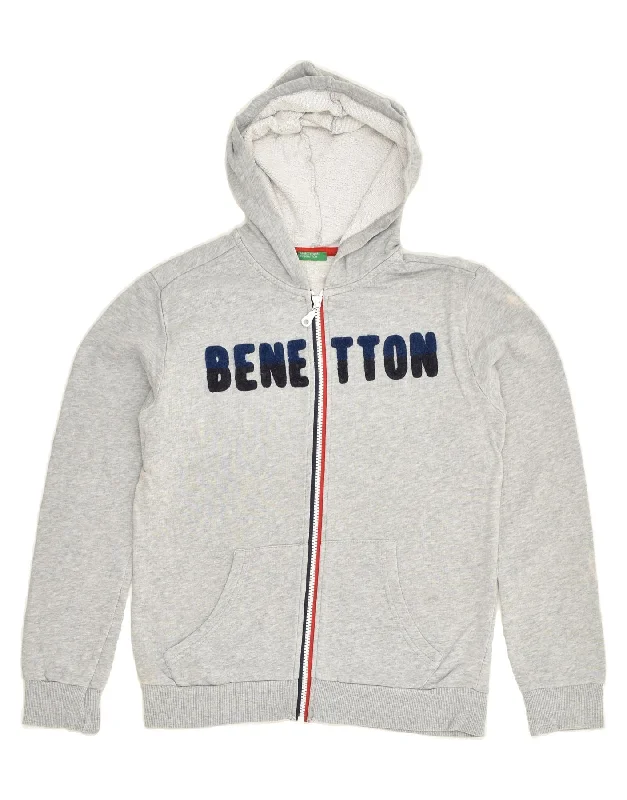 men's thick wool sweaters -BENETTON Girls Graphic Zip Hoodie Sweater 10-11 Years XL Grey Cotton