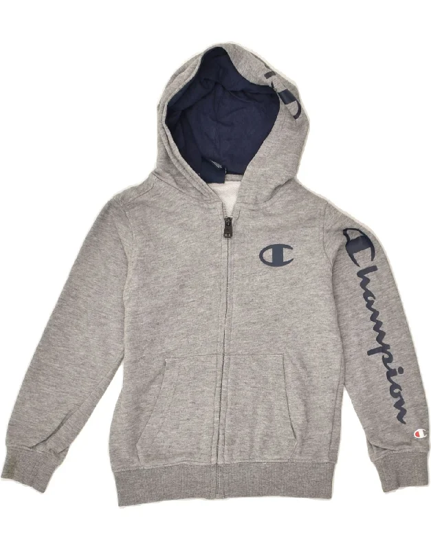 men's sweater for layering -CHAMPION Boys Graphic Zip Hoodie Sweater 5-6 Years XS Grey Cotton