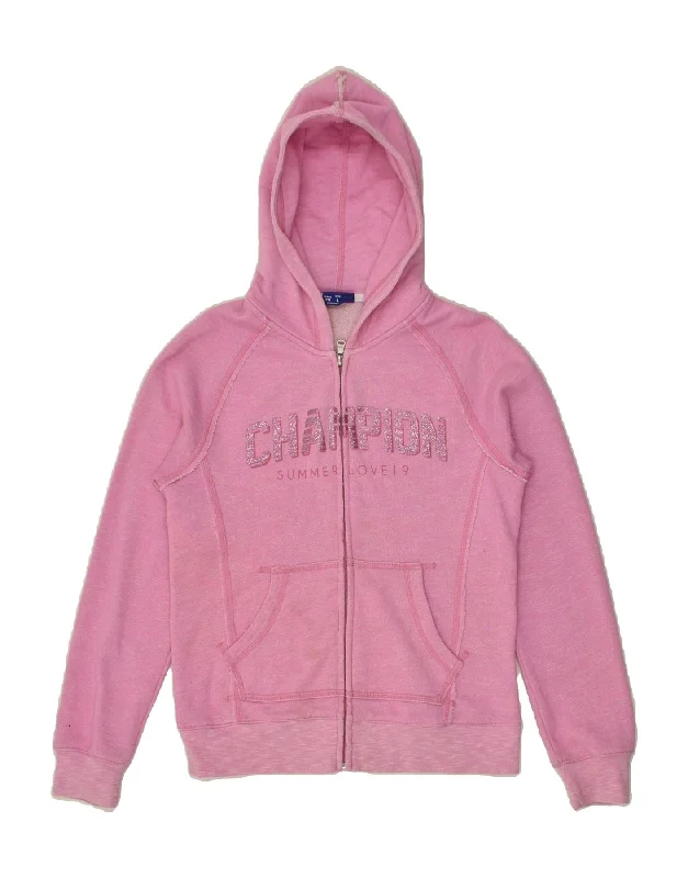 men's warm cardigans -CHAMPION Girls Graphic Zip Hoodie Sweater 11-12 Years Large Pink