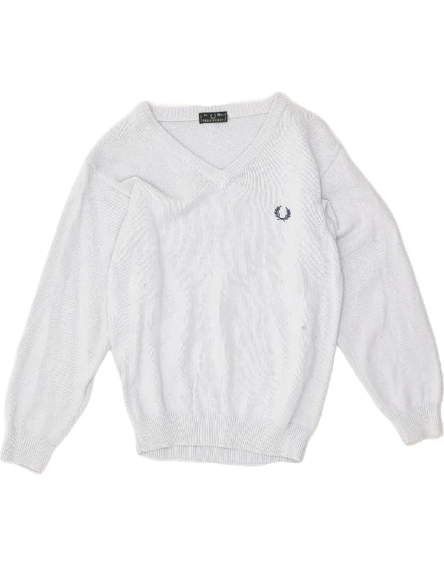 men's breathable wool sweaters -FRED PERRY Boys V-Neck Jumper Sweater 9-10 Years Grey Cotton