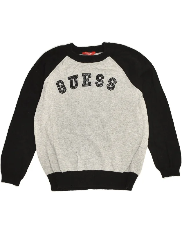 men's zip-up sweaters -GUESS Boys Graphic Crew Neck Jumper Sweater 9-10 Years Grey Colourblock