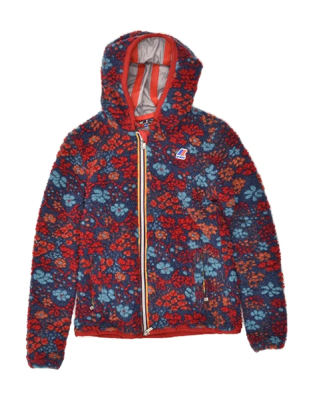 men's festive sweaters -K-WAY Girls Fleece Zip Hoodie Sweater 6-7 Years Blue Floral Polyester