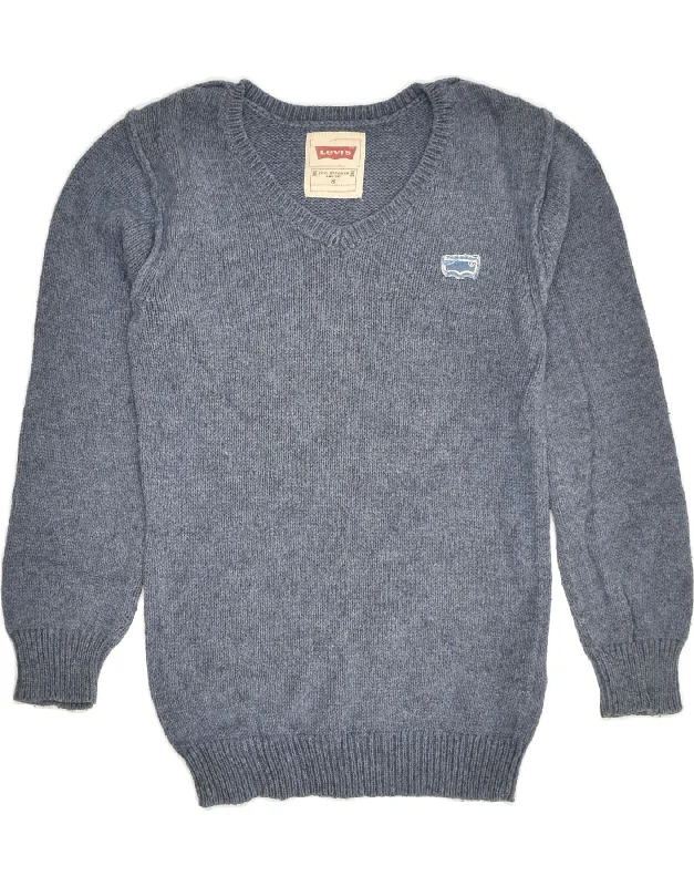 men's cardigan sweaters -LEVI'S Boys Graphic V-Neck Jumper Sweater 7-8 Years Grey Cotton