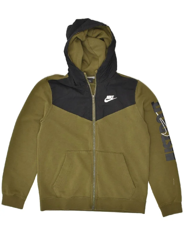 men's knit cardigans -NIKE Boys Graphic Zip Hoodie Sweater 12-13 Years Large Khaki Colourblock